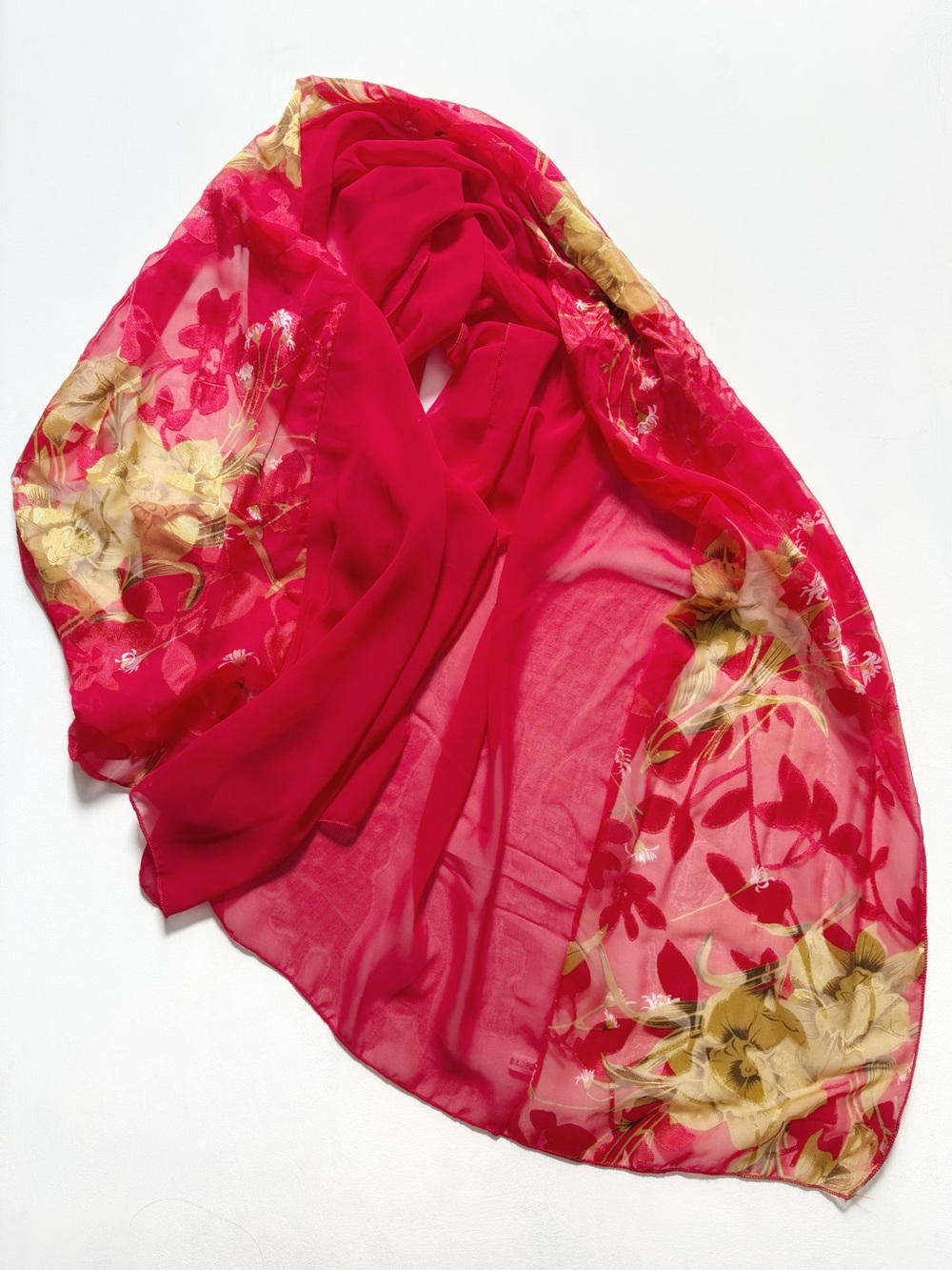 Long 100% Silk Red Floral Sheer Lightweight Scarf